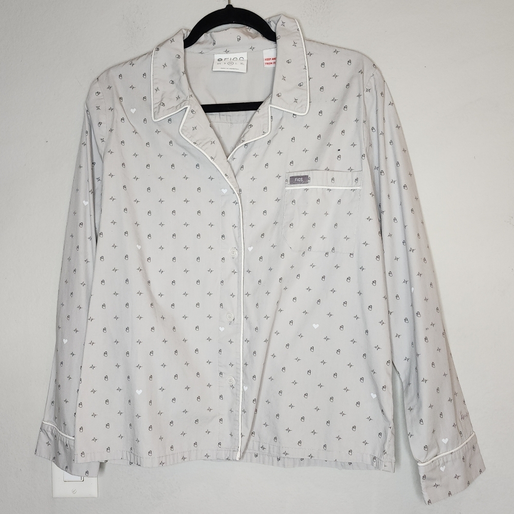 Figs Cardiology Heart Pajama Long Sleeve Button Top Grey Poplin Cotton Medium